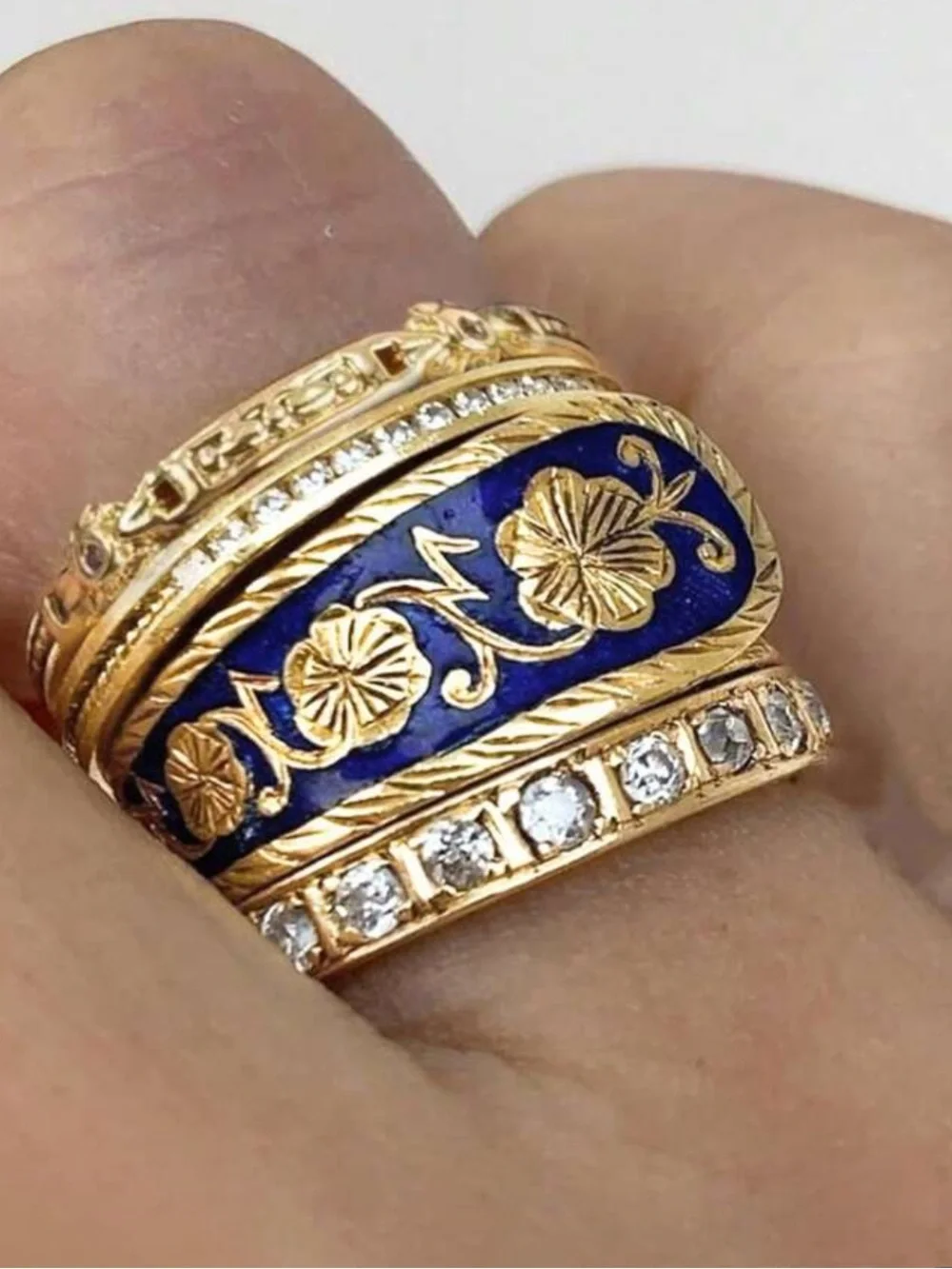 Gold and Blue Enamel Floral Band Ring